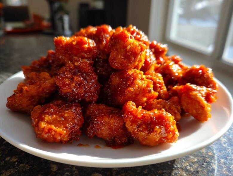 A pile of glistening, saucy Orange Chicken Bites served on a white plate, catching the sunlight.