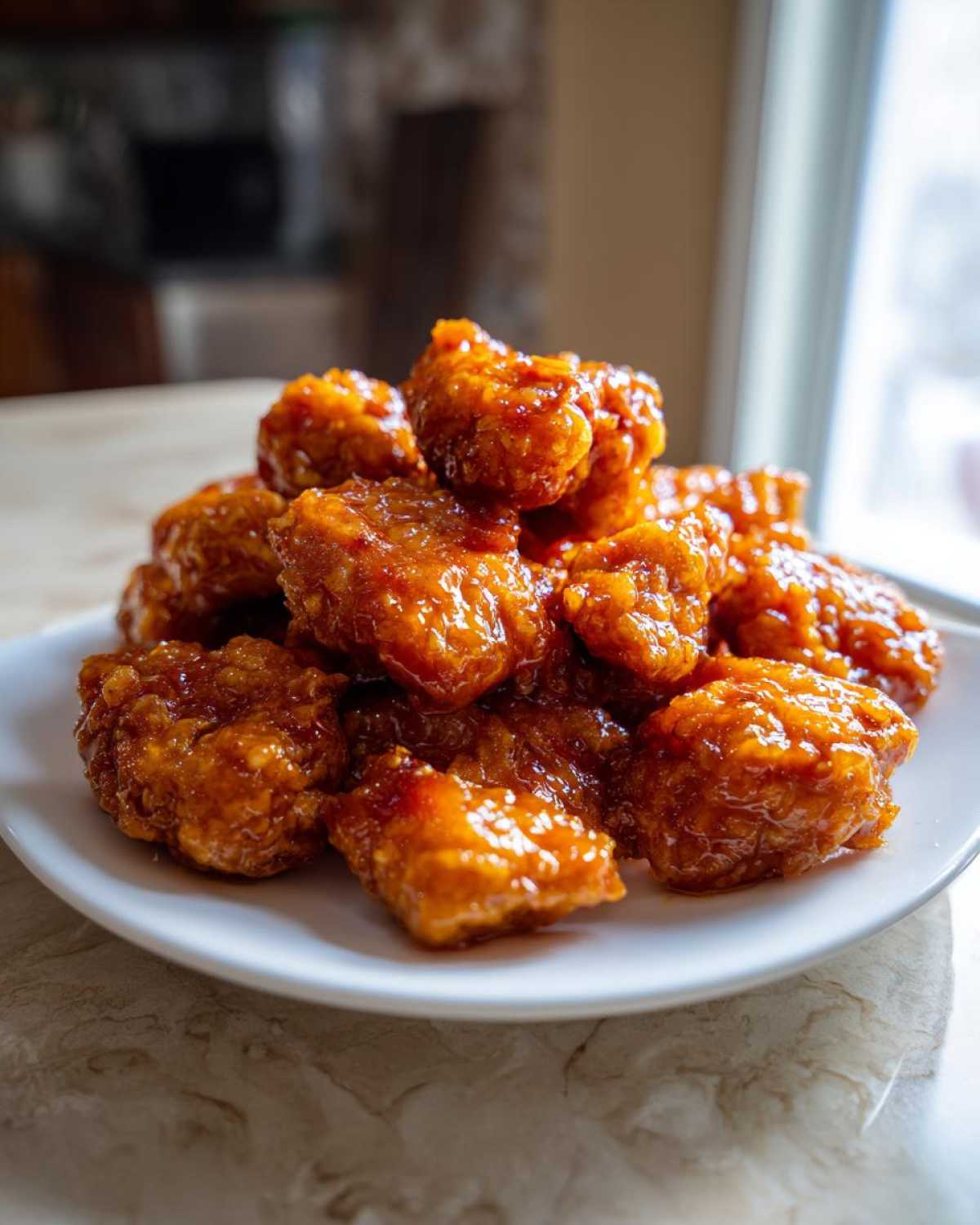 A close-up stack of glistening, saucy Orange Chicken Bites piled high on a small white plate.