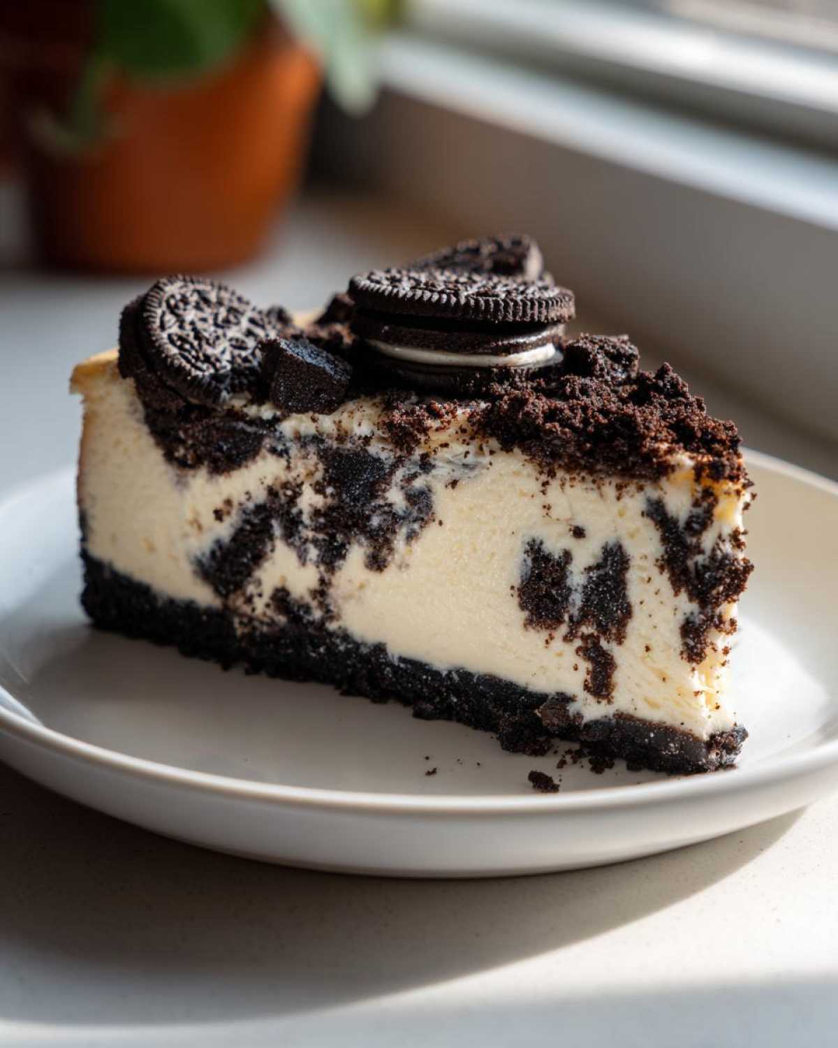 A perfect slice of Oreo Cookies and Cream Cheesecake with a dark crust and Oreo cookie pieces mixed in and on top.