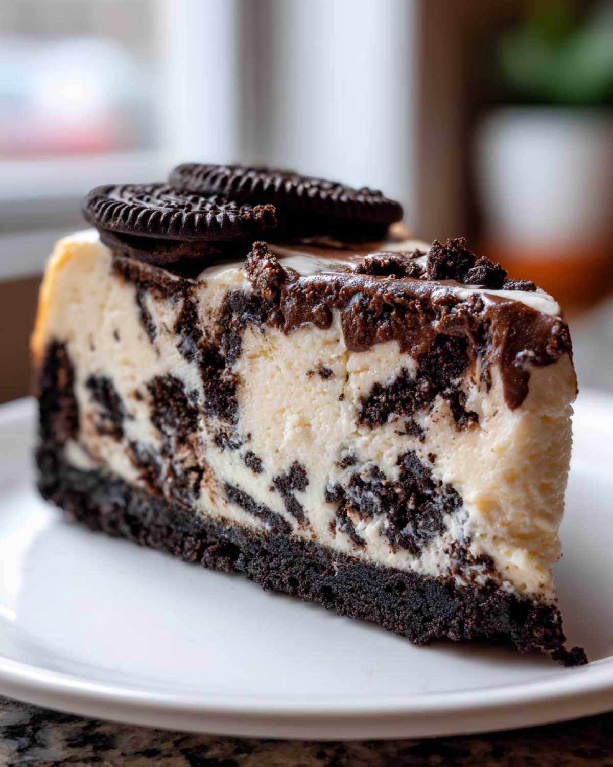 A rich slice of Oreo Cookies and Cream Cheesecake with a dark crust and cookie pieces throughout the filling.