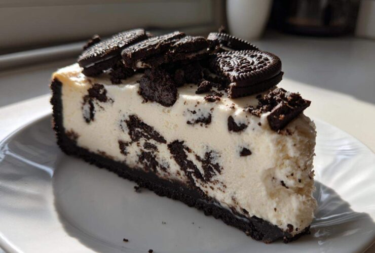 A generous slice of Oreo Cookies and Cream Cheesecake with a dark crust and cookie pieces throughout.