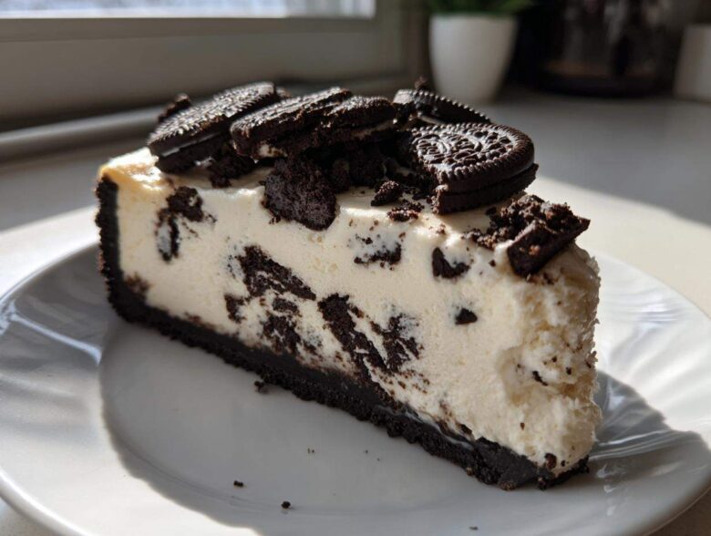 A generous slice of Oreo Cookies and Cream Cheesecake with a dark crust and cookie pieces throughout.