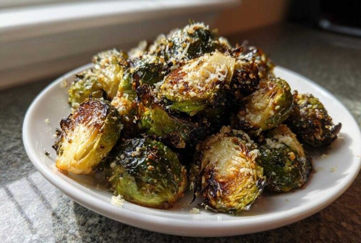 A close-up of crispy, caramelized Oven Roasted Brussels Sprouts with Parmesan cheese sprinkled on top.
