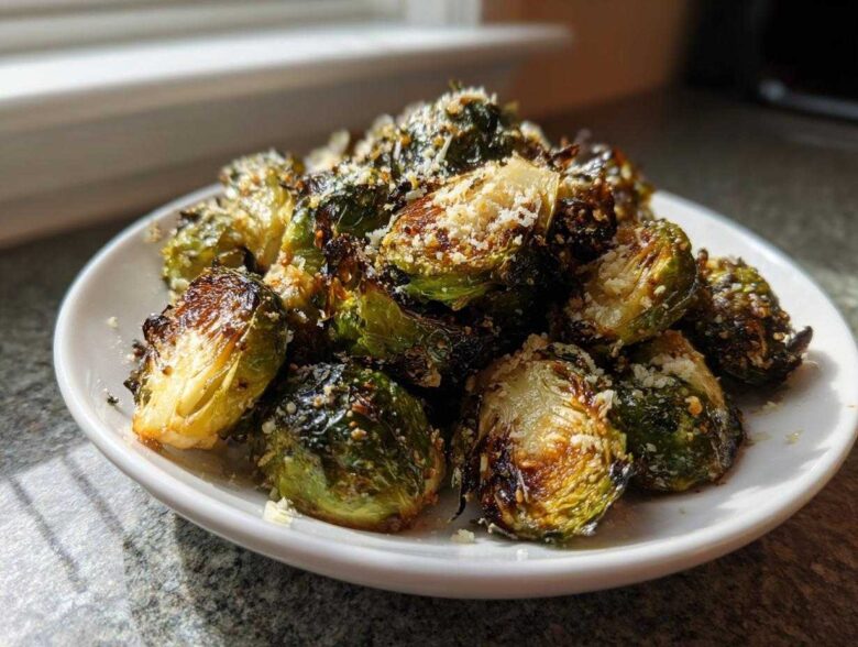 A close-up of crispy, caramelized Oven Roasted Brussels Sprouts with Parmesan cheese sprinkled on top.