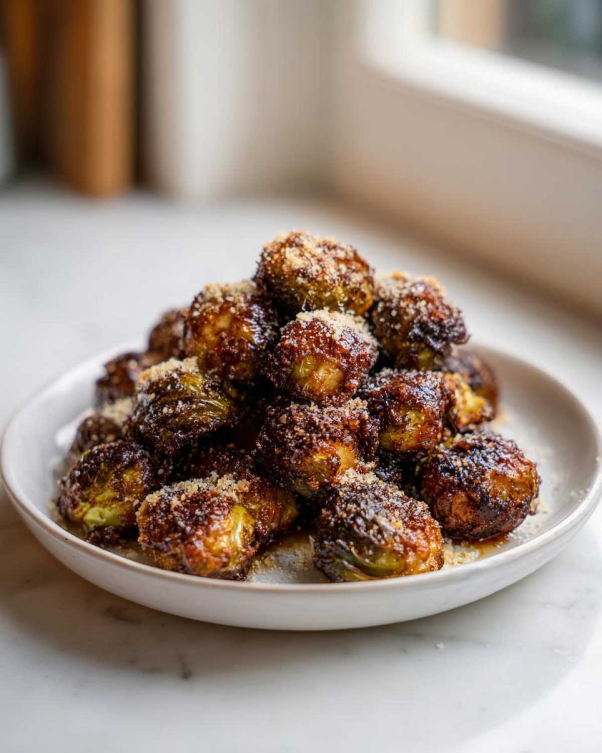 A mound of caramelized Oven Roasted Brussels Sprouts with Parmesan cheese sprinkled on top.