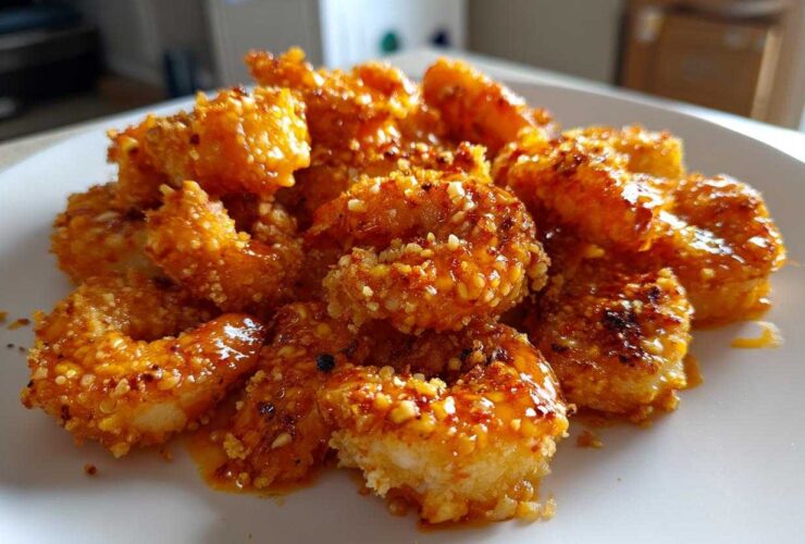 A close-up of crispy Panko Oven Baked Bang Bang Shrimp coated in a glistening, spicy orange sauce, served on a white plate.