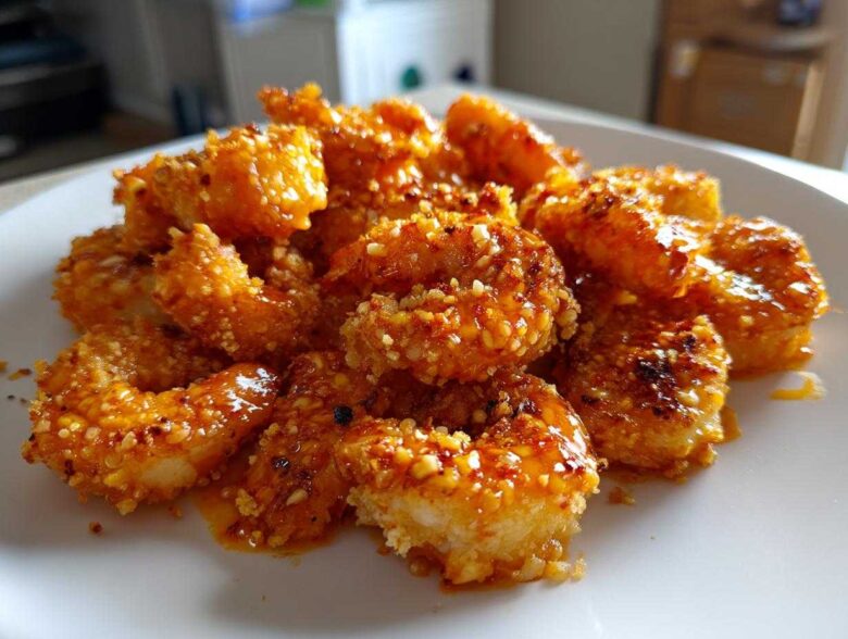 A close-up of crispy Panko Oven Baked Bang Bang Shrimp coated in a glistening, spicy orange sauce, served on a white plate.