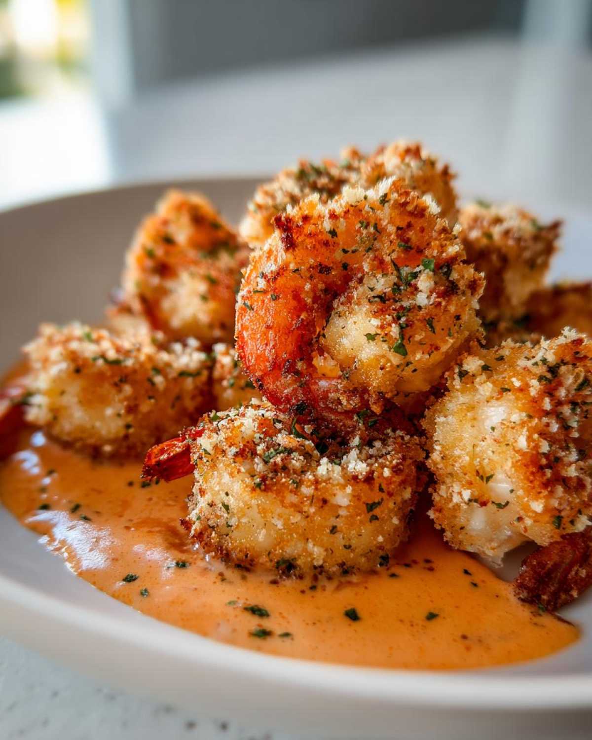 Close-up of crispy Panko Oven Baked Bang Bang Shrimp piled in a white bowl over a creamy orange sauce.