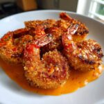 Close-up of crispy Panko Oven Baked Bang Bang Shrimp served over a pool of orange spicy sauce on a white plate.