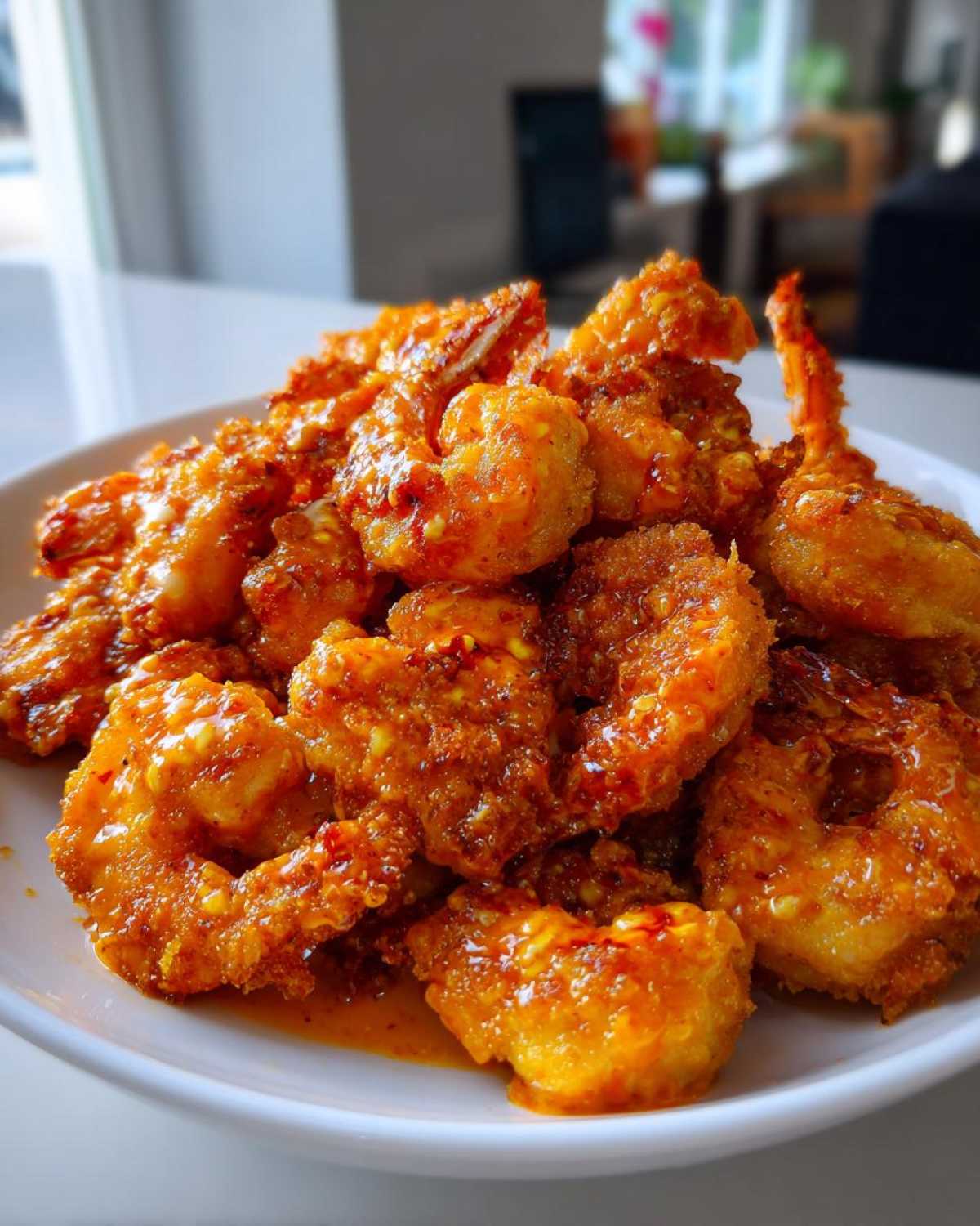 A close-up of a generous serving of crispy Panko Oven Baked Bang Bang Shrimp coated in a vibrant orange-red spicy sauce on a white plate.