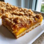 A close-up, cross-section view of a single serving of Peach Crumb Bars showing the thick peach filling and crumb topping.