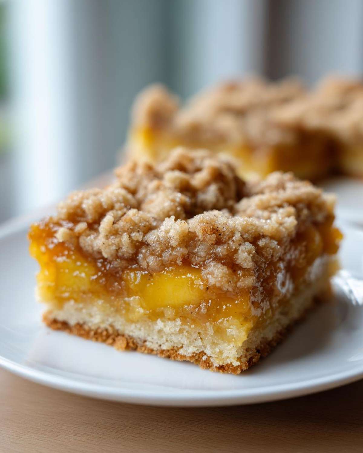 A close-up of a thick, square slice of Peach Crumb Bars featuring a buttery crust, bright peach filling, and crumbly topping.