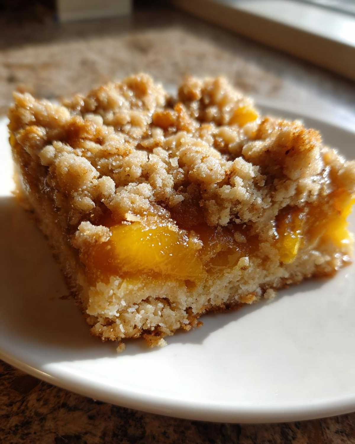 A single, thick square of Peach Crumb Bars showing a buttery crust, bright peach filling, and crumbly topping.