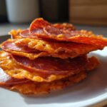 A stack of crispy Pepperoni Cheese Crisps Low Carb Snack, showing melted cheese fused with pepperoni slices on a white plate.