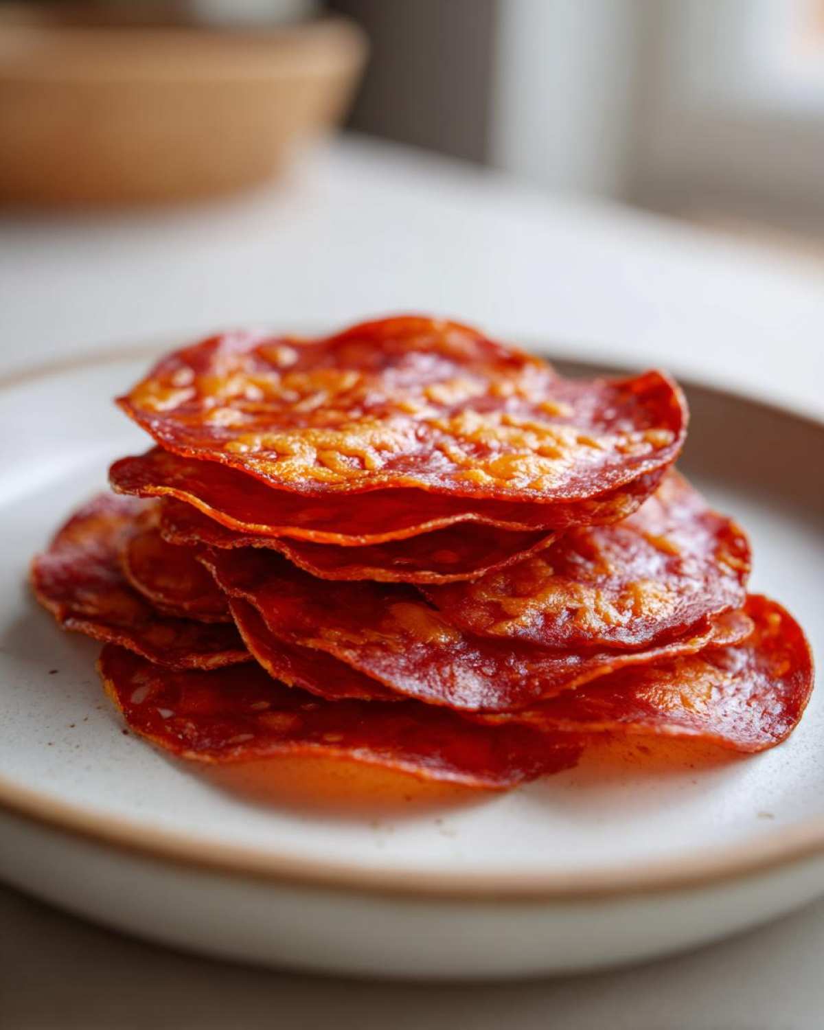 A stack of crispy, bright red Pepperoni Cheese Crisps Low Carb Snack piled on a light speckled plate.