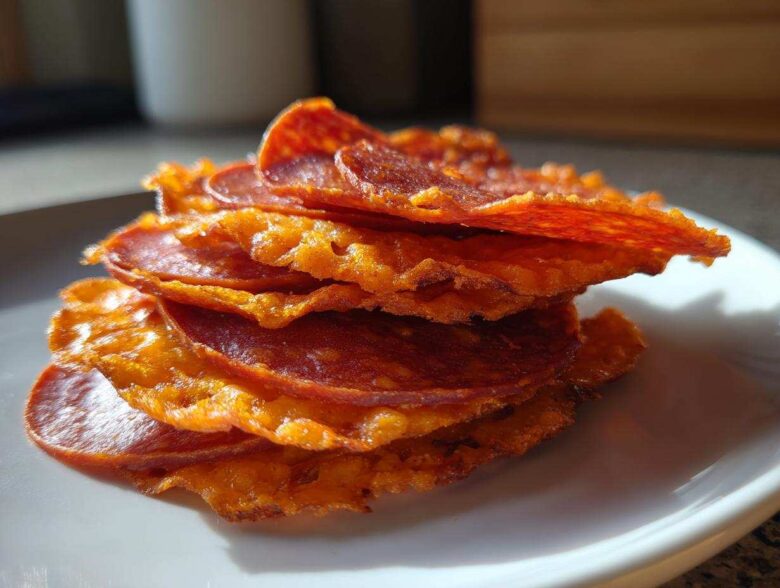 A stack of crispy Pepperoni Cheese Crisps Low Carb Snack, showing melted cheese fused with pepperoni slices on a white plate.