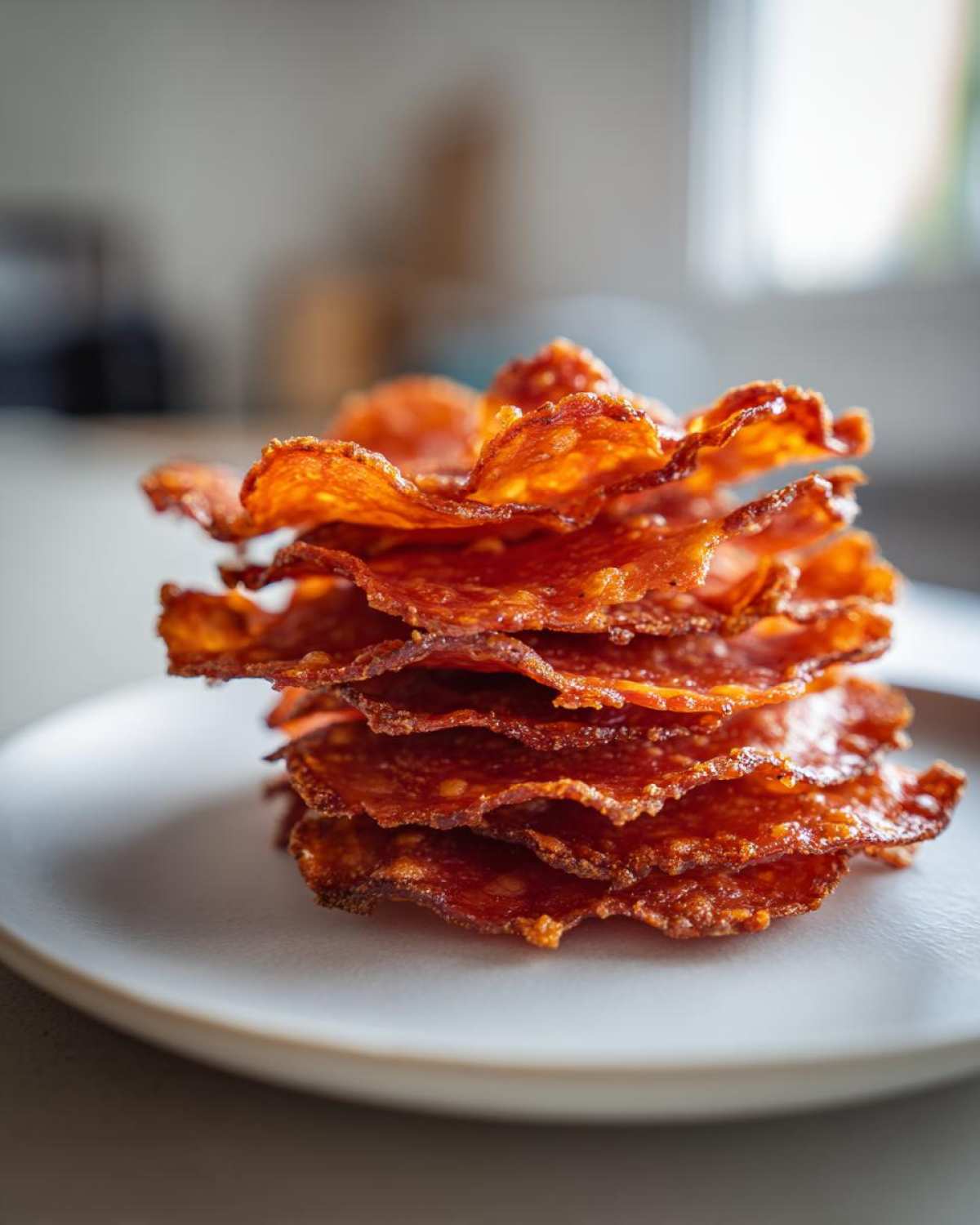 A tall stack of crispy, wavy Pepperoni Cheese Crisps Low Carb Snack piled on a small white plate.