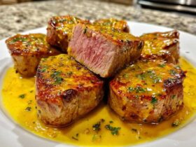 Close-up of seared Pork Medallions served on a white plate, coated in a vibrant yellow sauce with herbs.
