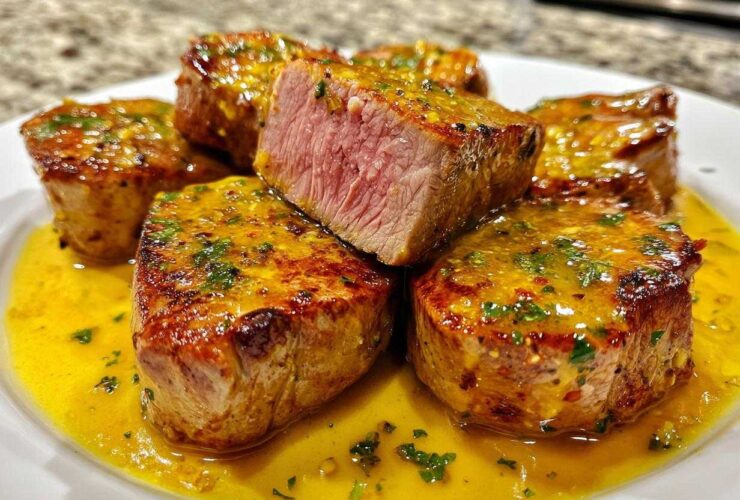 Close-up of seared Pork Medallions served on a white plate, coated in a vibrant yellow sauce with herbs.