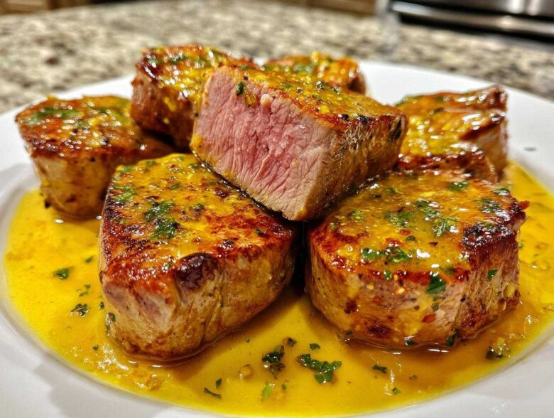 Close-up of seared Pork Medallions served on a white plate, coated in a vibrant yellow sauce with herbs.