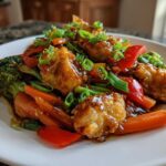 Close-up of a plate featuring a savory Potsticker Stir Fry with glazed potstickers, carrots, broccoli, and red peppers, topped with green onions.