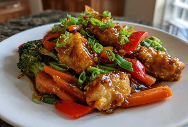 Close-up of a plate featuring a savory Potsticker Stir Fry with glazed potstickers, carrots, broccoli, and red peppers, topped with green onions.