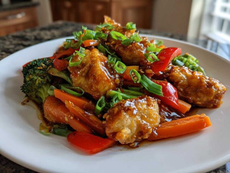 Close-up of a plate featuring a savory Potsticker Stir Fry with glazed potstickers, carrots, broccoli, and red peppers, topped with green onions.