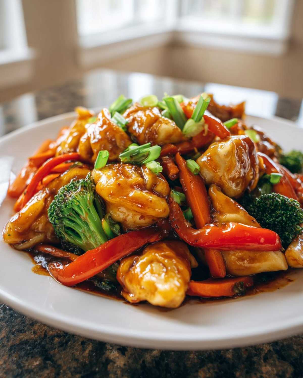 A plate piled high with saucy Potsticker Stir Fry featuring potstickers, bright red peppers, broccoli florets, and green onions.