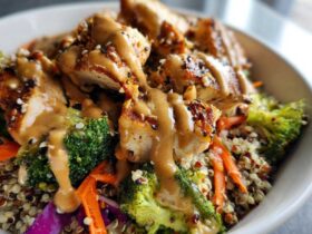 Close-up of a Protein Packed Thai Peanut Chicken Buddha Bowl with grilled chicken, broccoli, carrots, and peanut sauce over quinoa.