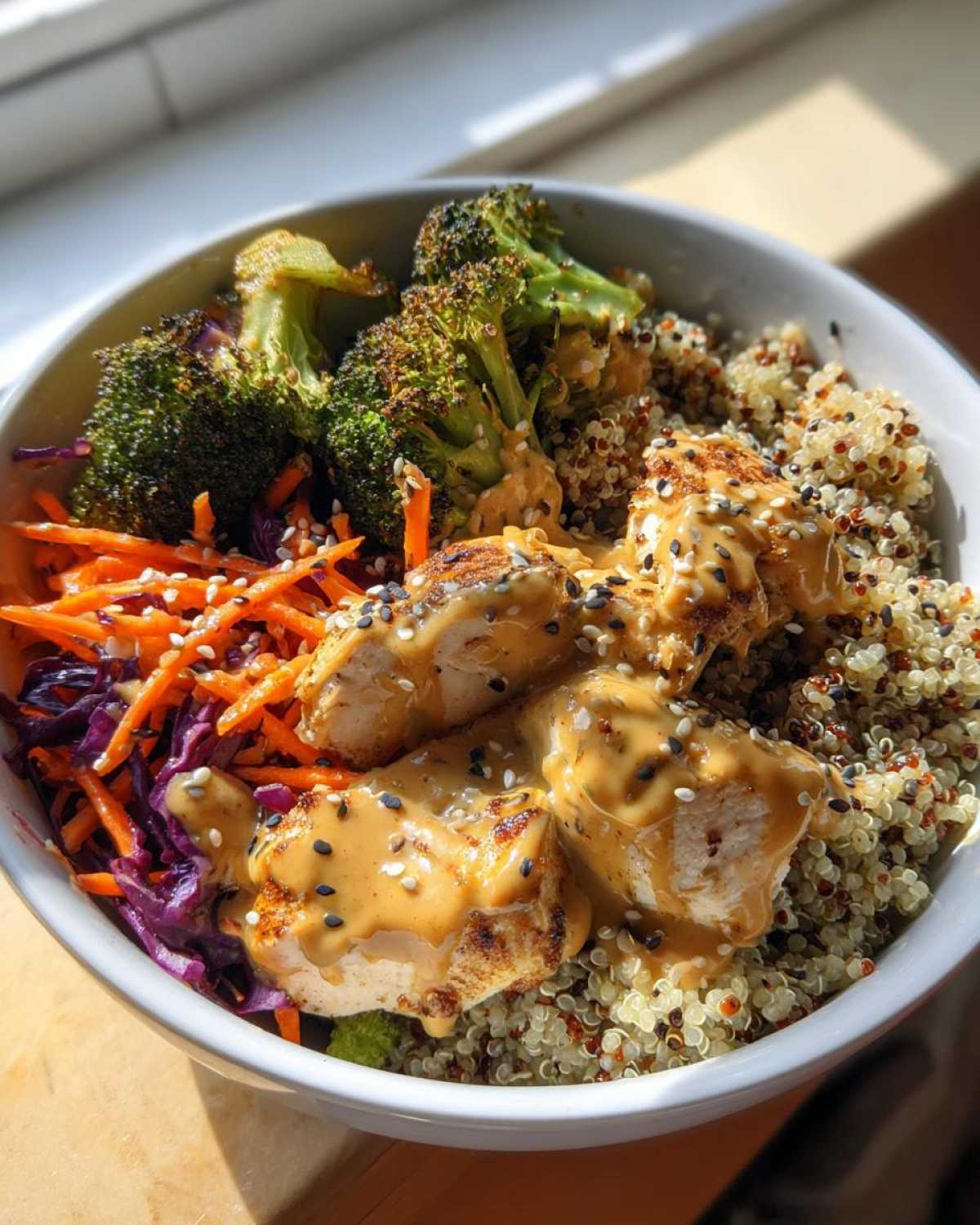 Close-up of a Protein Packed Thai Peanut Chicken Buddha Bowl featuring grilled chicken, quinoa, roasted broccoli, and shredded carrots with peanut sauce.