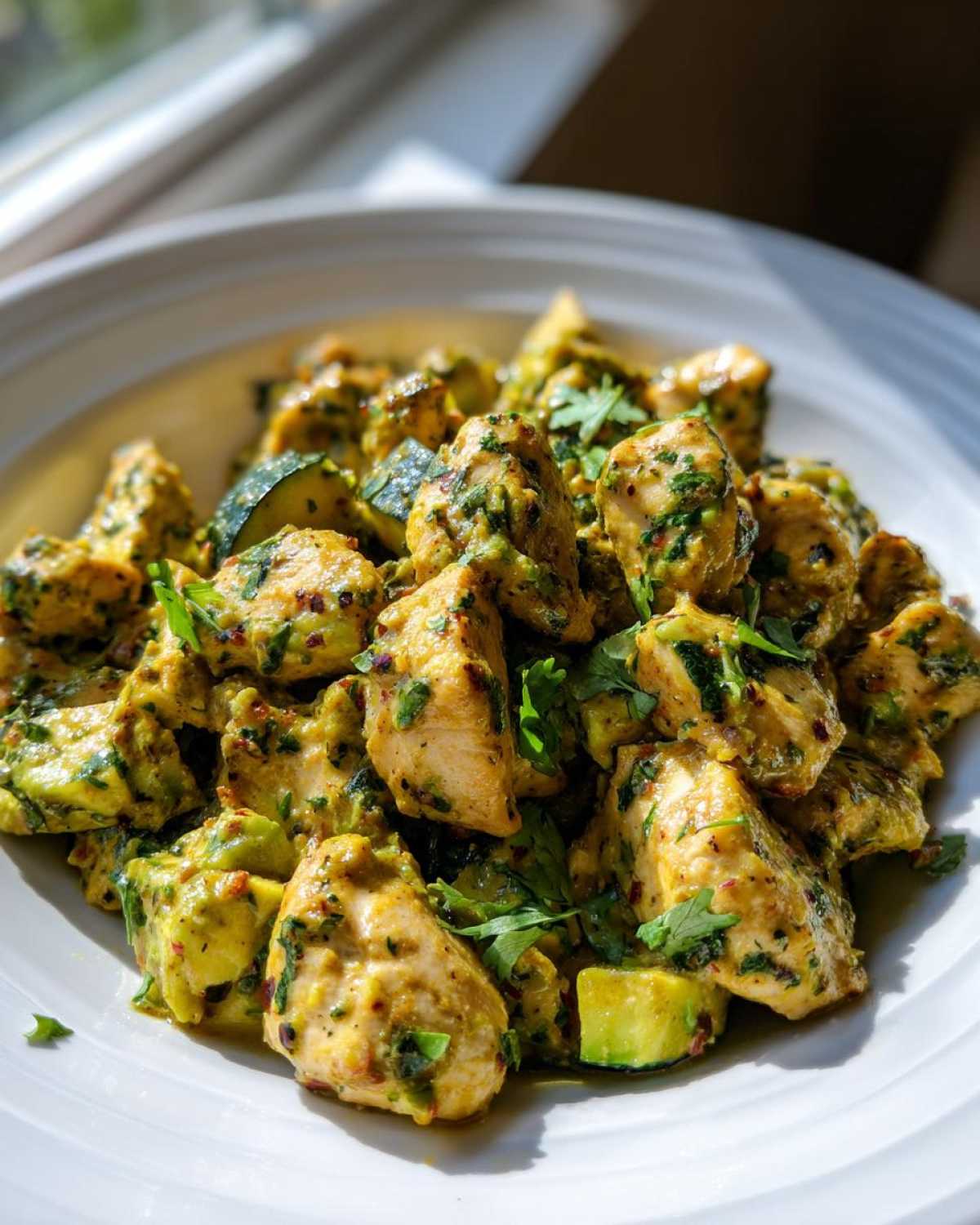 Close-up of cubed chicken and avocado pieces coated in a creamy green sauce, perfect for a Quick Low-Carb Dinner.