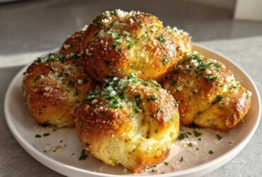 A pile of golden brown Quick Sourdough Discard Garlic Knots topped with melted butter, grated Parmesan, and fresh parsley.