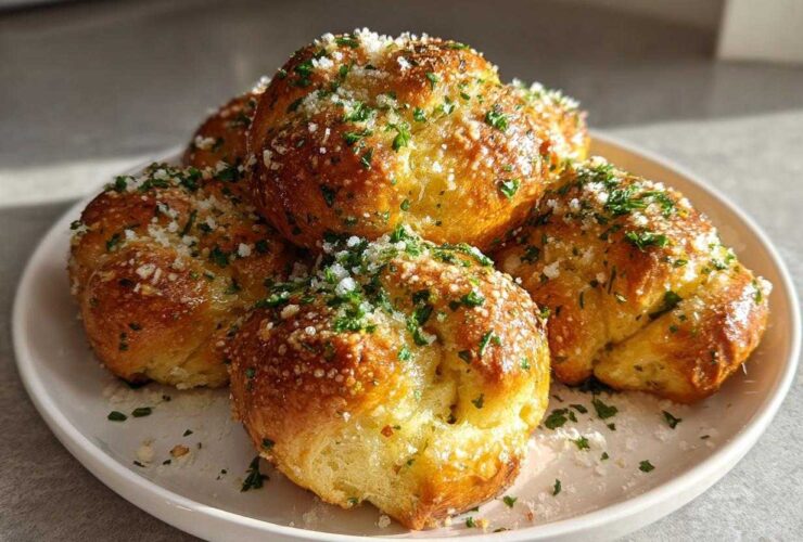 A pile of golden brown Quick Sourdough Discard Garlic Knots topped with melted butter, grated Parmesan, and fresh parsley.