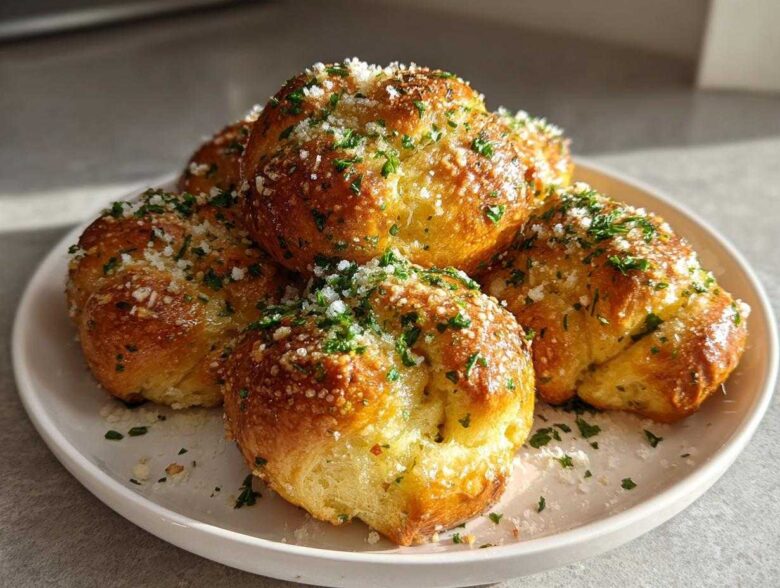 A pile of golden brown Quick Sourdough Discard Garlic Knots topped with melted butter, grated Parmesan, and fresh parsley.