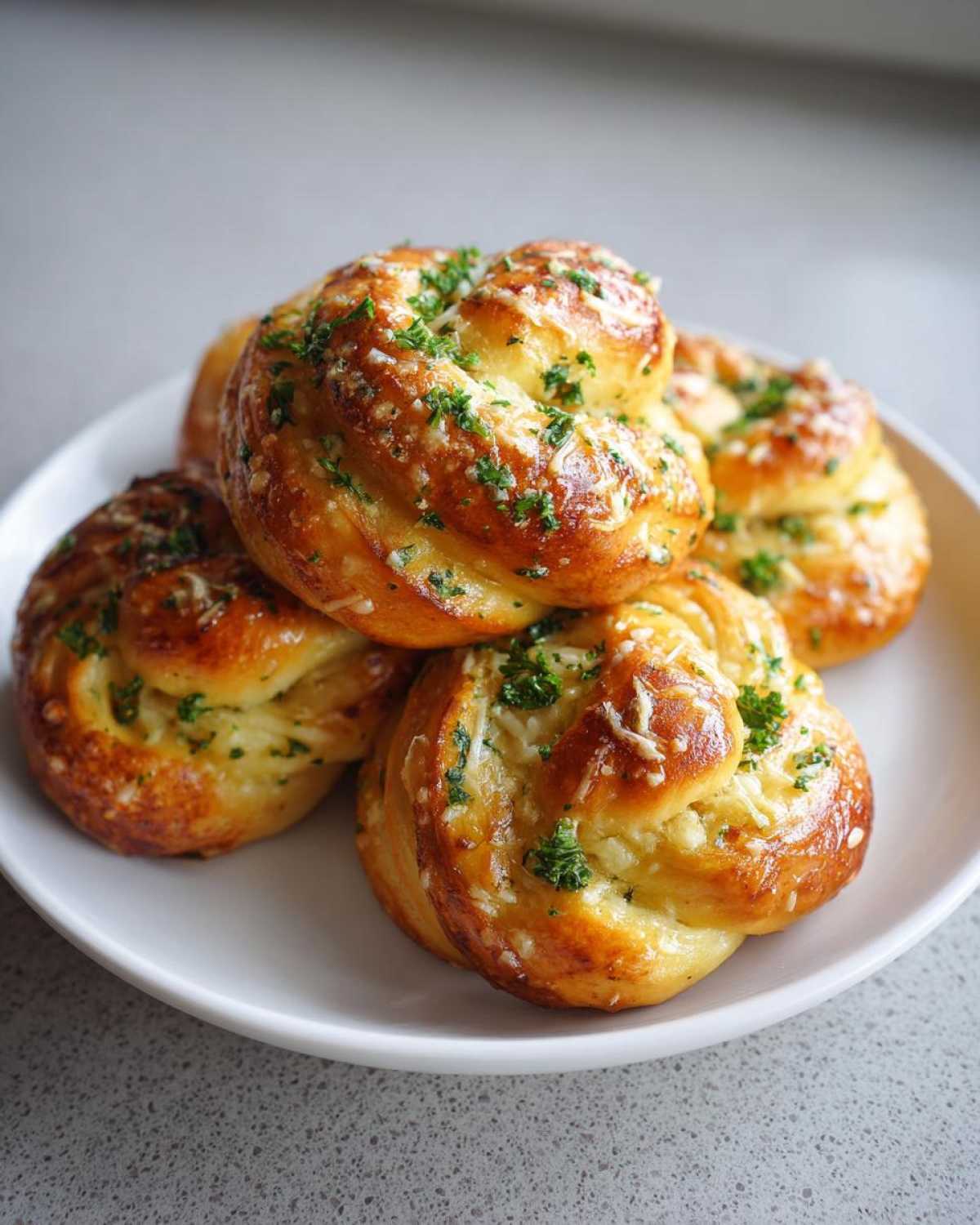 Close-up of several golden Quick Sourdough Discard Garlic Knots topped with melted cheese and fresh parsley.