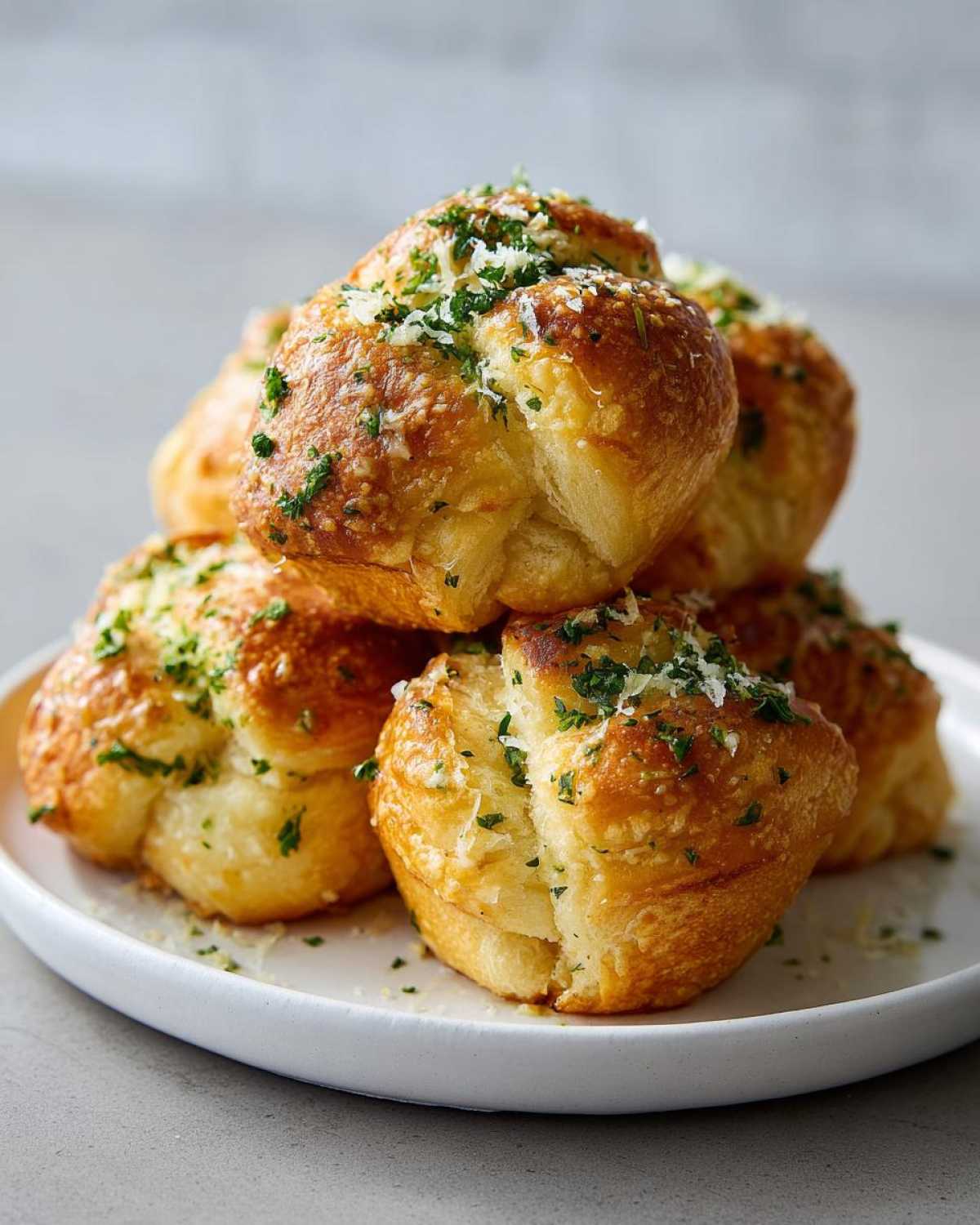A stack of golden Quick Sourdough Discard Garlic Knots topped with melted butter, Parmesan cheese, and fresh parsley.