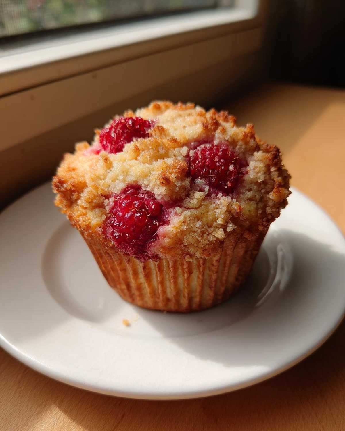 A close-up of a freshly baked Raspberry Streusel Muffin topped with whole raspberries and crumb topping, sitting on a white plate.