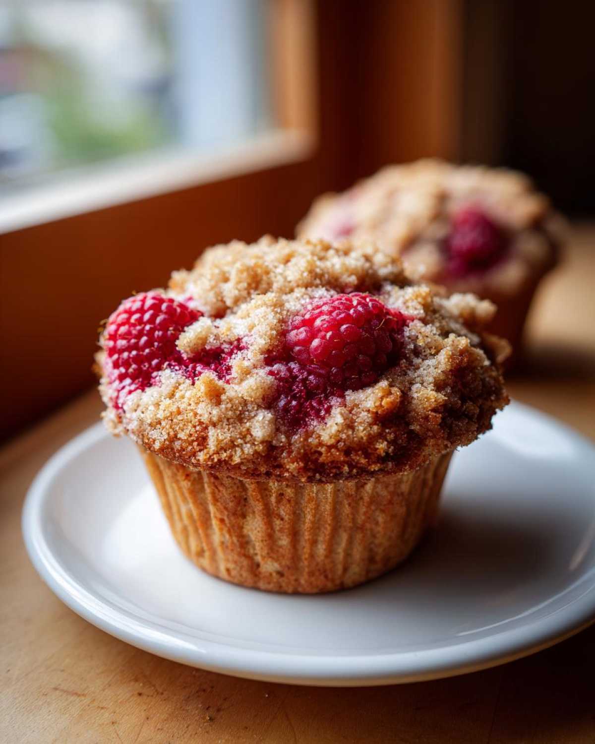 A close-up of a freshly baked Raspberry Streusel Muffin topped with bright red raspberries and a thick, sugary crumb topping.