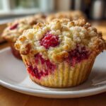 A close-up of a freshly baked Raspberry Streusel Muffins featuring a golden crumb topping and bright red raspberries.