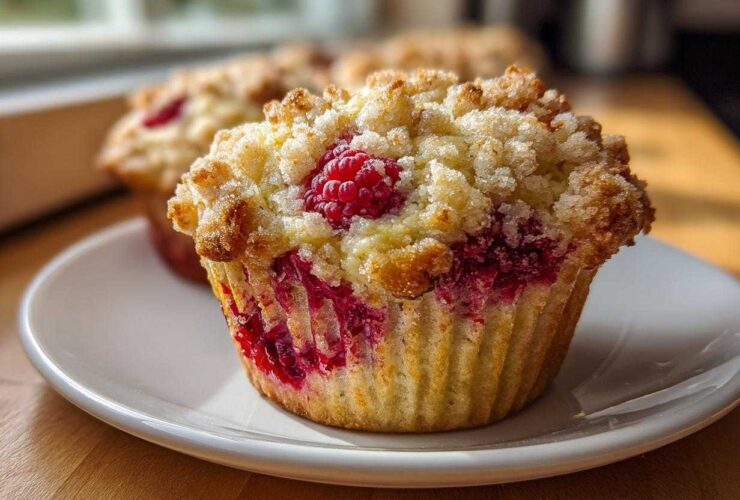A close-up of a freshly baked Raspberry Streusel Muffins featuring a golden crumb topping and bright red raspberries.