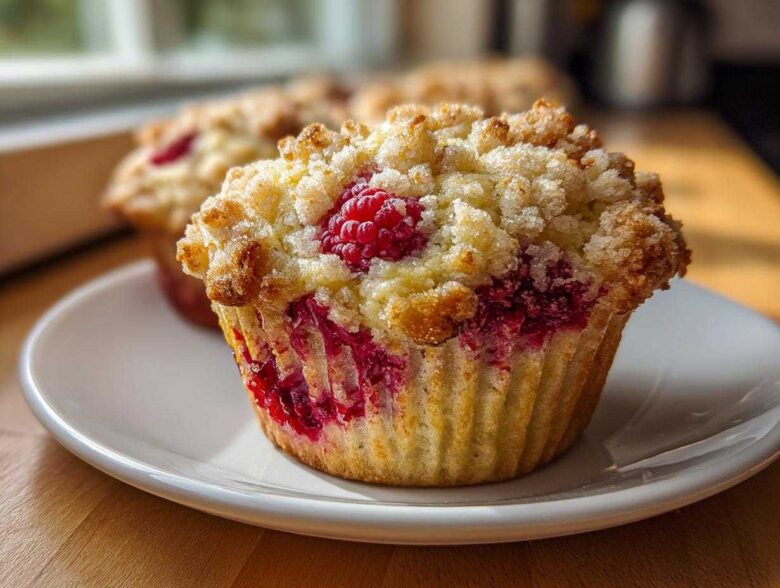 A close-up of a freshly baked Raspberry Streusel Muffins featuring a golden crumb topping and bright red raspberries.