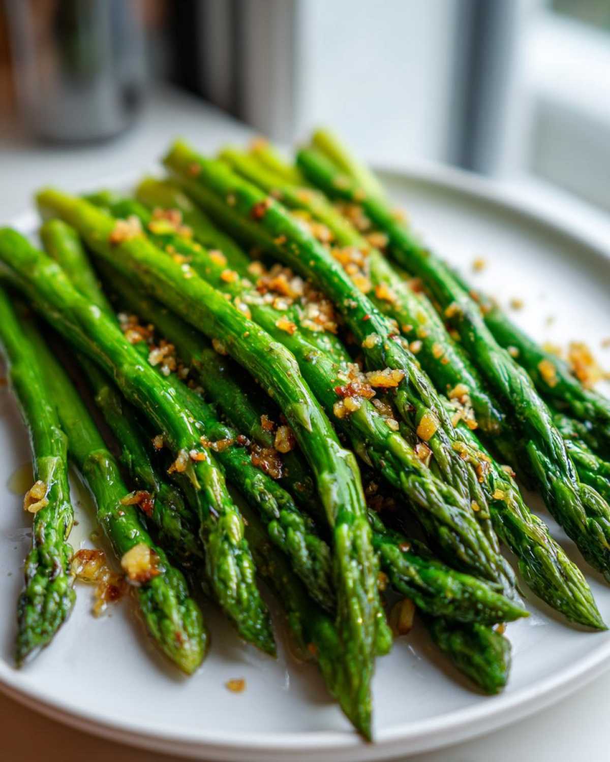 Close-up of bright green Roasted Asparagus with Garlic and Lemon, served on a white plate.