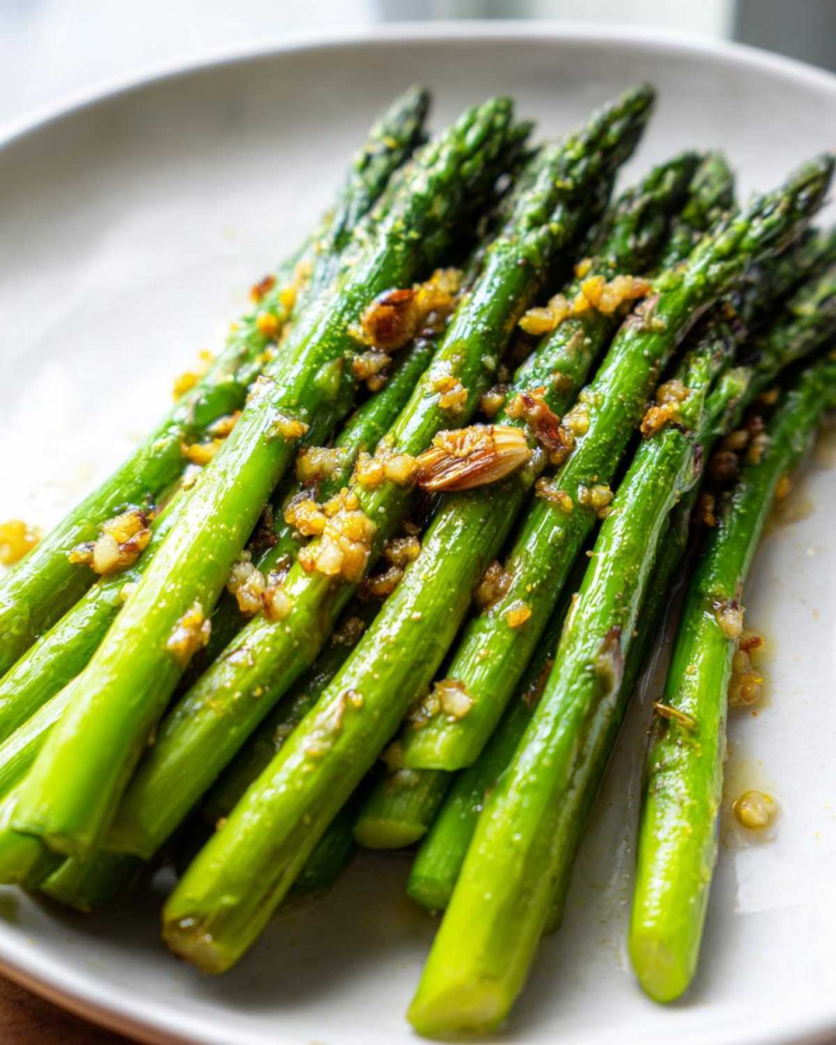 Close-up of vibrant green Roasted Asparagus with Garlic and Lemon, drizzled with oil and topped with minced garlic.