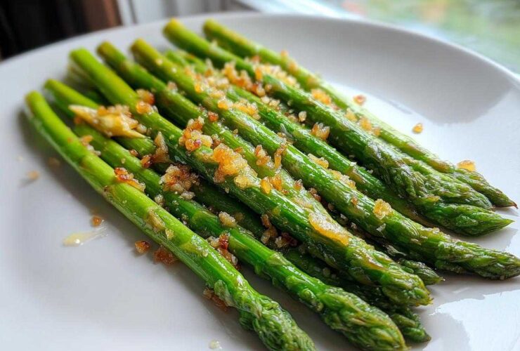 A close-up of bright green Roasted Asparagus with Garlic and Lemon, served on a white plate.