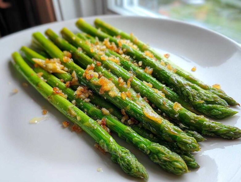 A close-up of bright green Roasted Asparagus with Garlic and Lemon, served on a white plate.