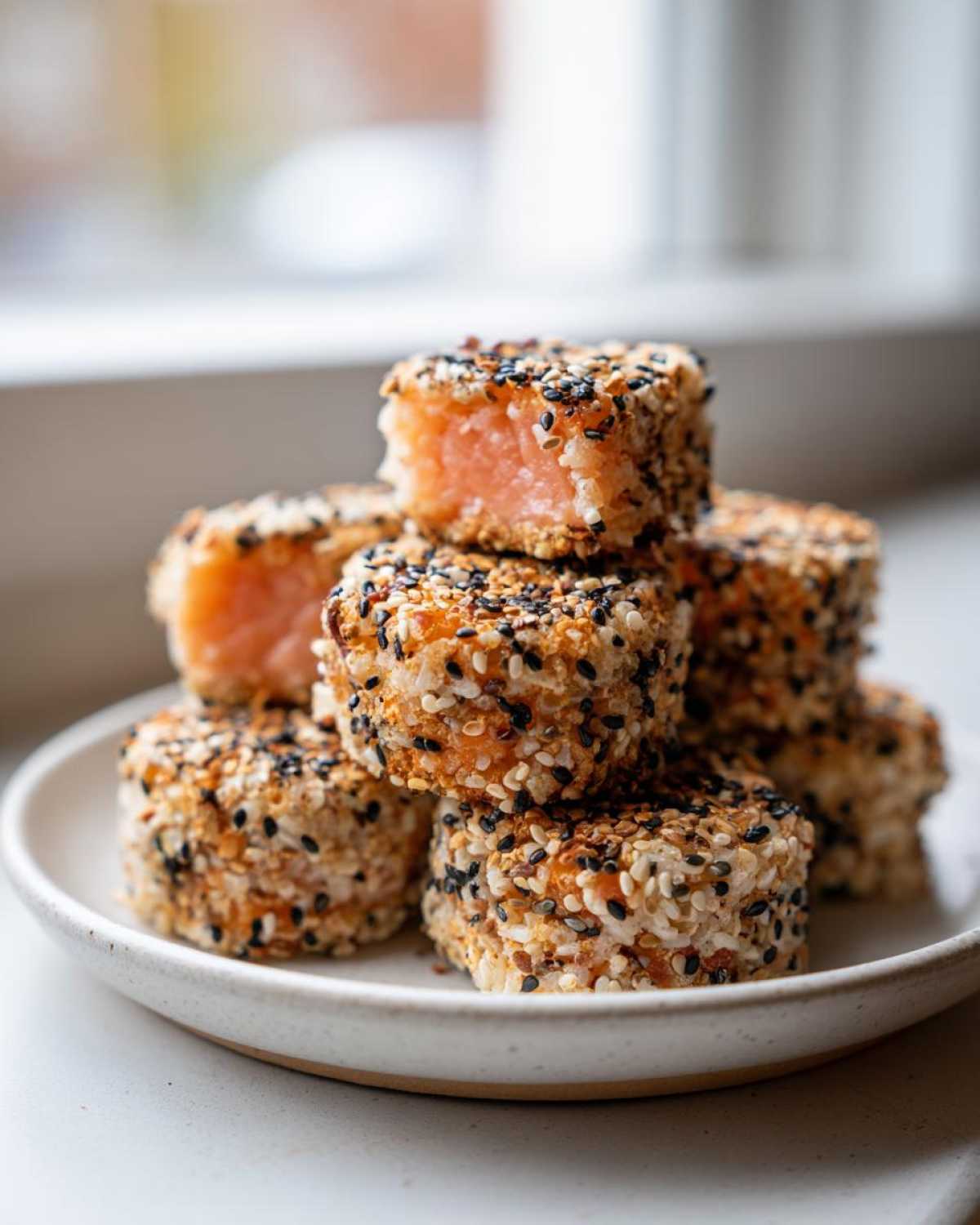 A stack of perfectly formed Salmon Rice Bites coated in everything bagel seasoning and sesame seeds.