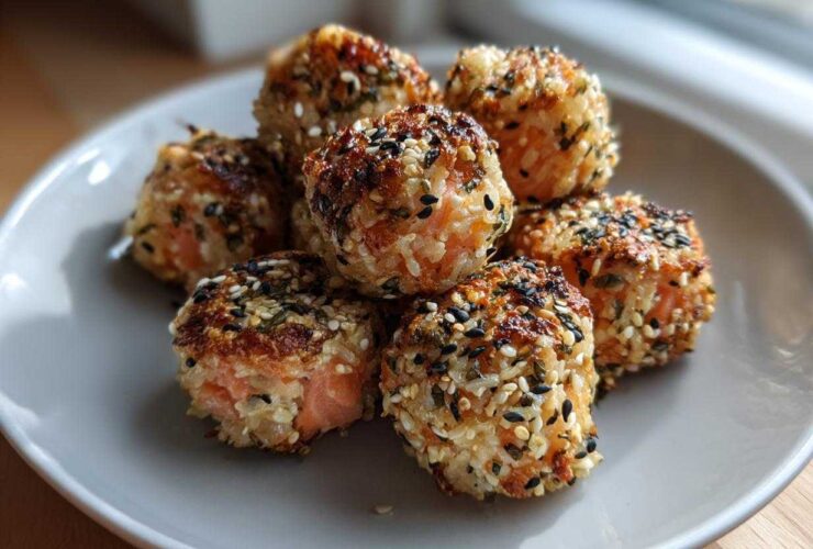 A close-up of several golden-brown Salmon Rice Bites coated in mixed sesame seeds on a light gray plate.