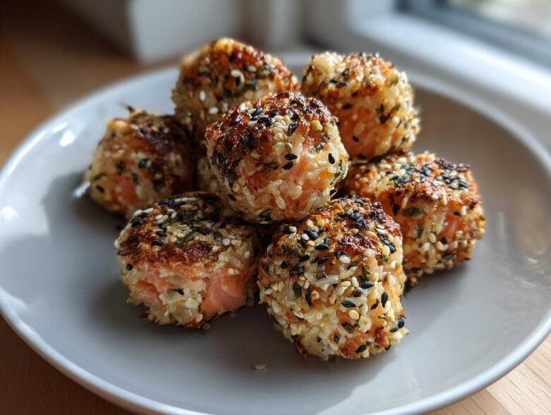 A close-up of several golden-brown Salmon Rice Bites coated in mixed sesame seeds on a light gray plate.