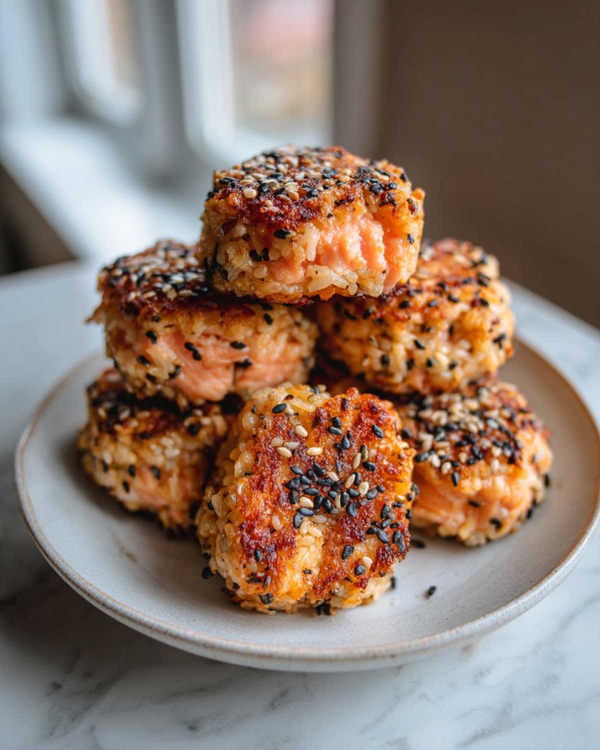 A stack of golden-brown Salmon Rice Bites, coated in sesame seeds, showing the pink salmon filling inside.