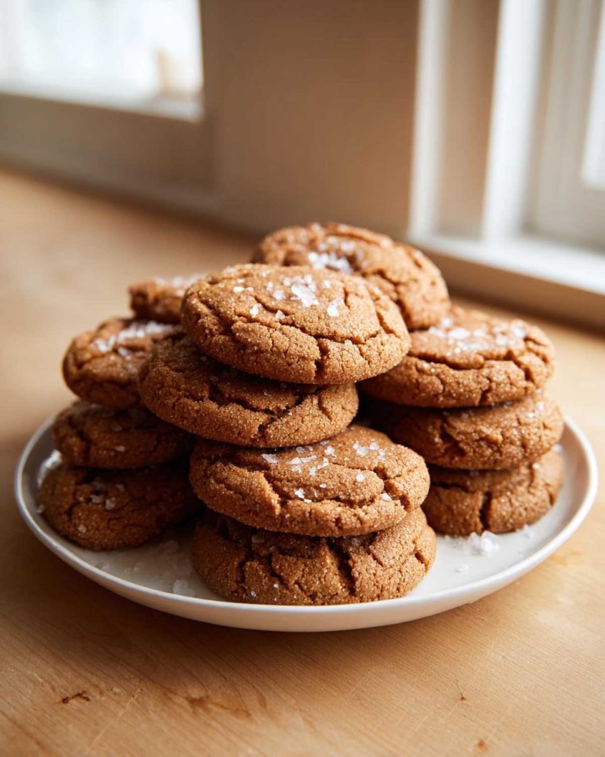 A tall stack of freshly baked Salted Honey Cookies topped with flaky sea salt on a white plate.